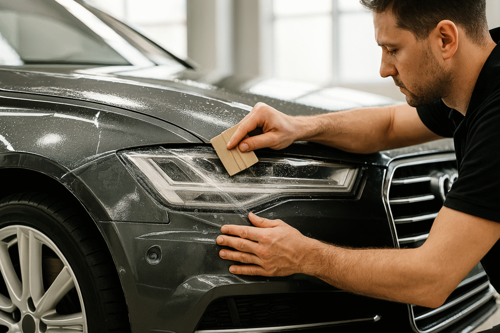 Voiture haut de gamme avec pose de film PPF sur la carrosserie en atelier professionnel